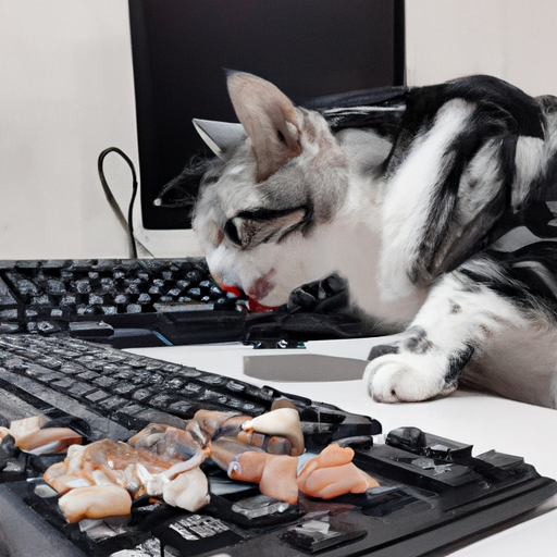 猫在键盘上吃三文鱼,猫的身体是黑白条纹(