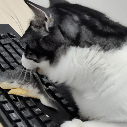 猫在键盘上吃三文鱼,猫的身体是黑白条纹(