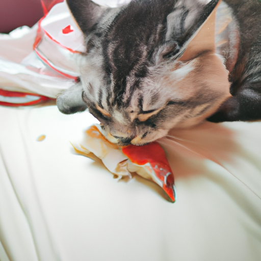 一只猫露出肚皮躺在床上吃三文鱼(9张)
