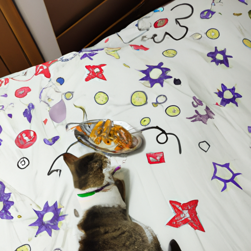 一只猫露出肚皮躺在床上吃三文鱼(9张)