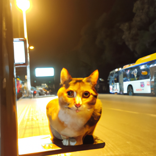请帮我画一张等待公交车的小猫的图片(1张